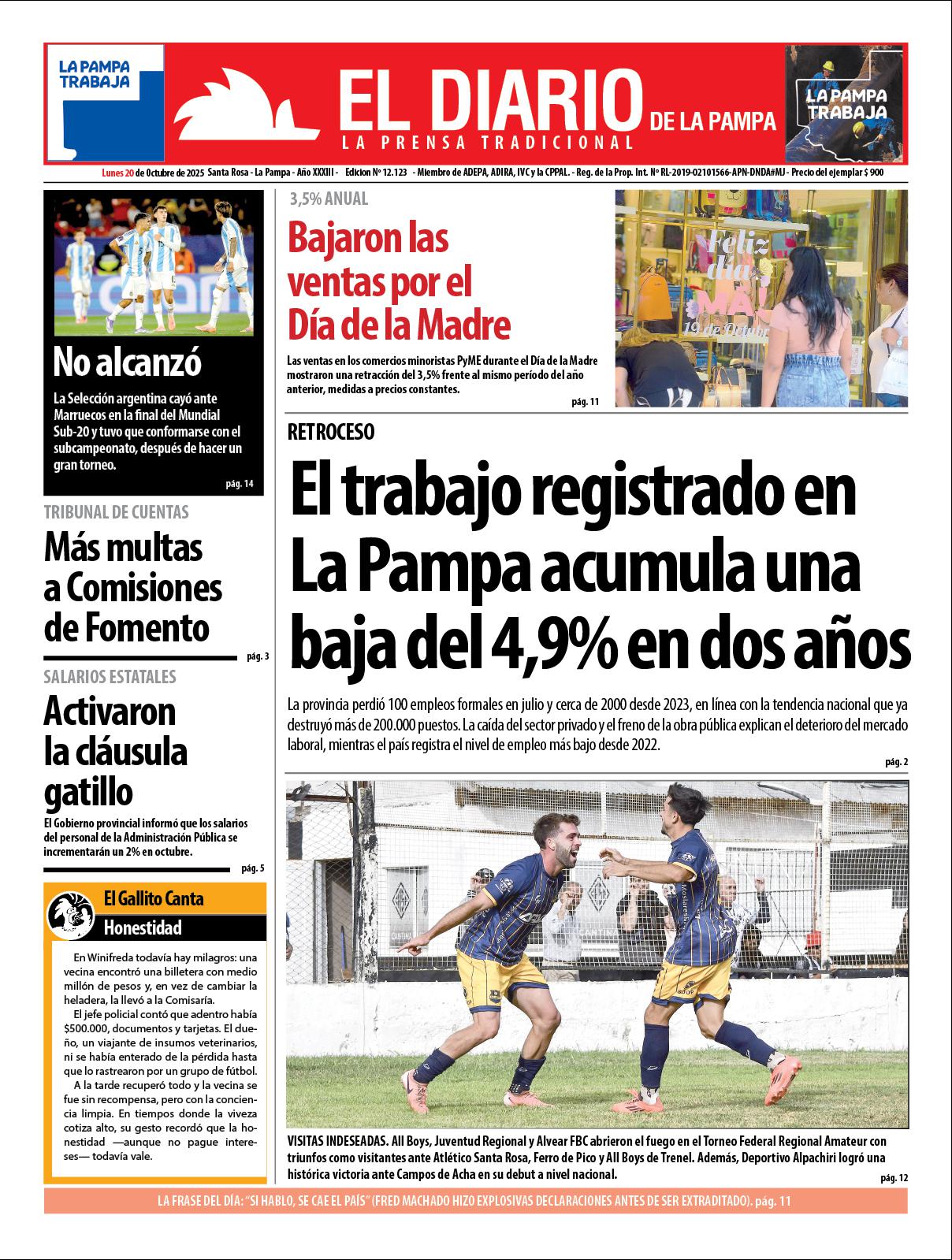 Tapa de El Diario en papel  lunes 20 de octubre de 2025